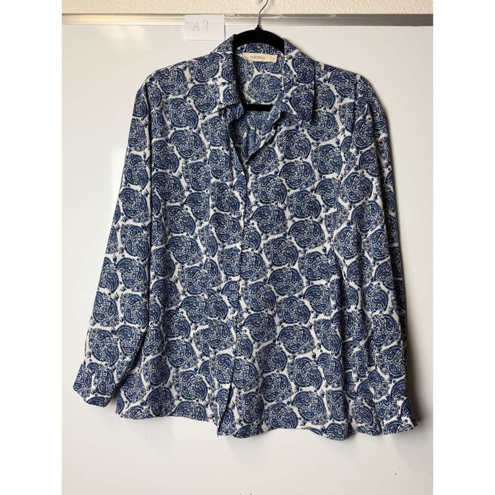 Rokoko Blue White Paisley Button Down Shirt Women Small R69748-4 Long Sleeve
